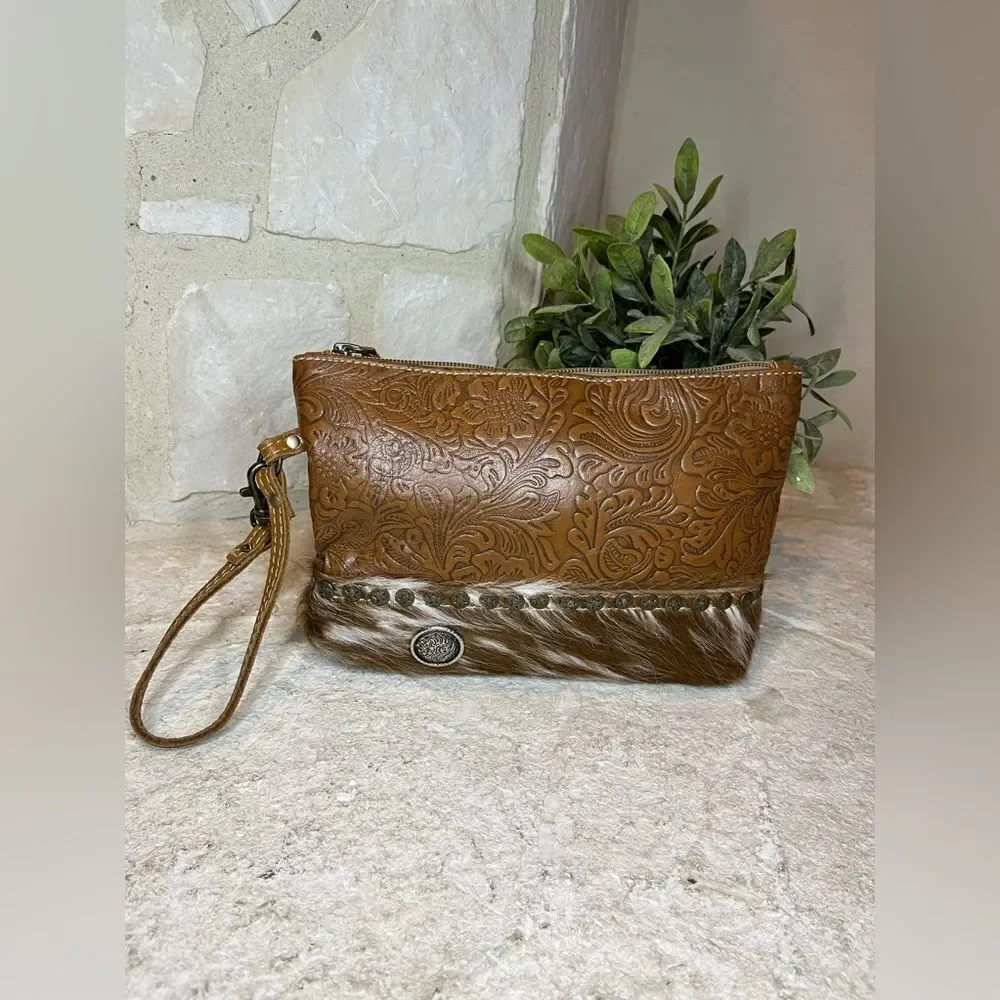 Myra embossed leather and calf hair cosmetic bag/wristlet